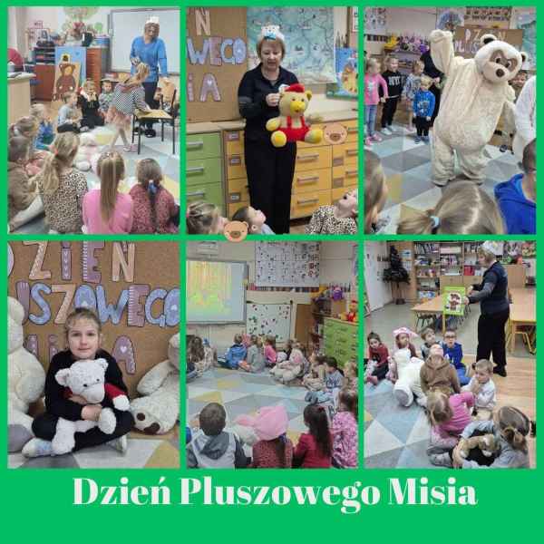 kolaż zdjęć bibliotekarki z przytulanką oraz dzieci z pluszowymi misiami, na dole napis dzień pluszowego misia