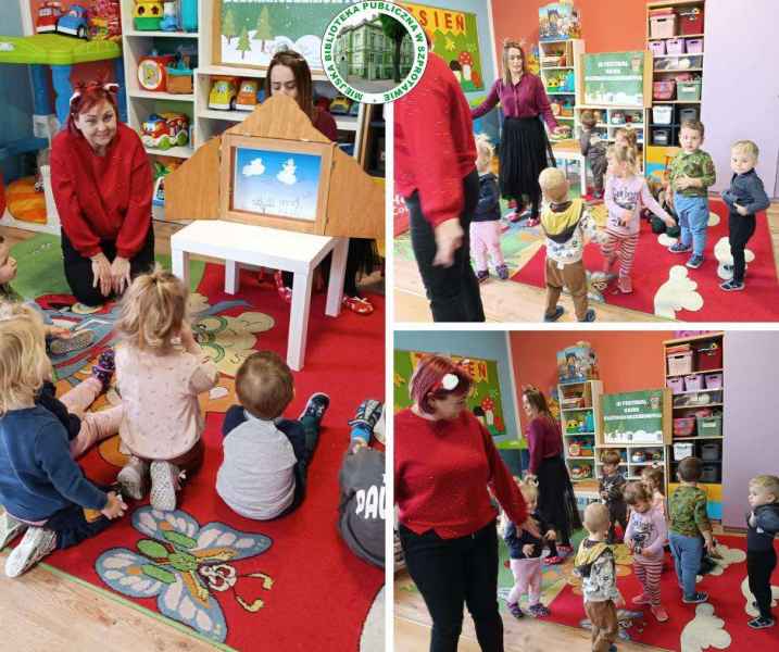 kolaż zdjęć bibliotekarek podczas prezentacji teatrzyku kamishibai i zabaw ruchowych z dziećmi, na górze logo biblioteki