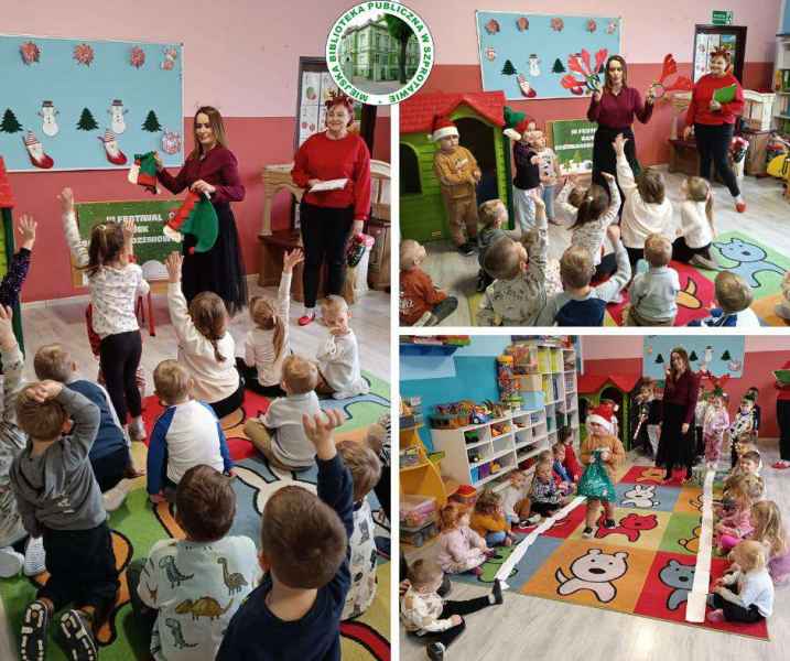 kolaż zdjęć bibliotekarek podczas zabaw świątecznych z dziećmi, na górze logo biblioteki