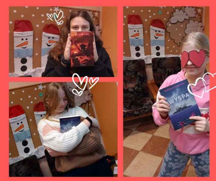 kolaż zdjęć dziewczynek z książkami i w serduszkowej opasce na oczy