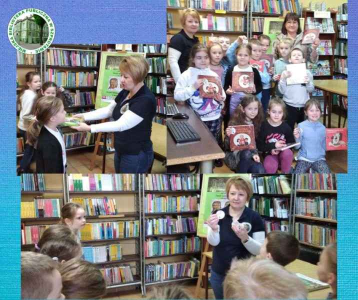 kolaz zdjęć bibliotekarki podczas pasowania dzieci na czytelników i zdjęcia dzieci z książkami, po lewej stronie logo biblioteki