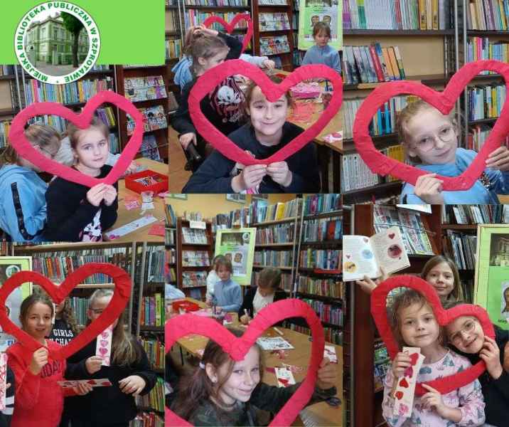 kolaż zdjęc dzieci w serduszkowych ramkach i z własnoręcznie wykonanymi zakładkami do książek, po lewej stronie logo biblioteki