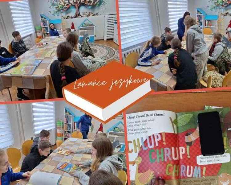 kolaż zdjęć bibliotekarki i dzieci z książkami przy stoliku, pośrodku obrazek książki z napisem łamańce językowe