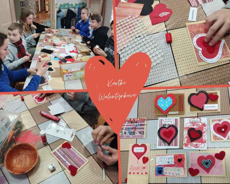 kolaż zdjęć dzieci podczas tworzenia kartek walentynkowych oraz gotowych dzieł, pośrodku obrazek serca z napisem kartki walentynkowe