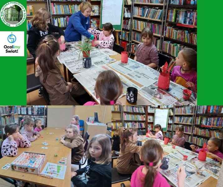 kolaż zdjęć bibliotekarki i dzieci podczas malowania doniczek z plastikowych butelek oraz w trakcie gier planszowych, po lewej stronie logo biblioteki i ocalimy świat
