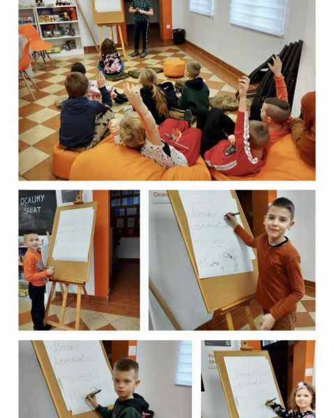 kolaż zdjęć dzieci w pracowni orange w trakcie rysowania na kartce papieru