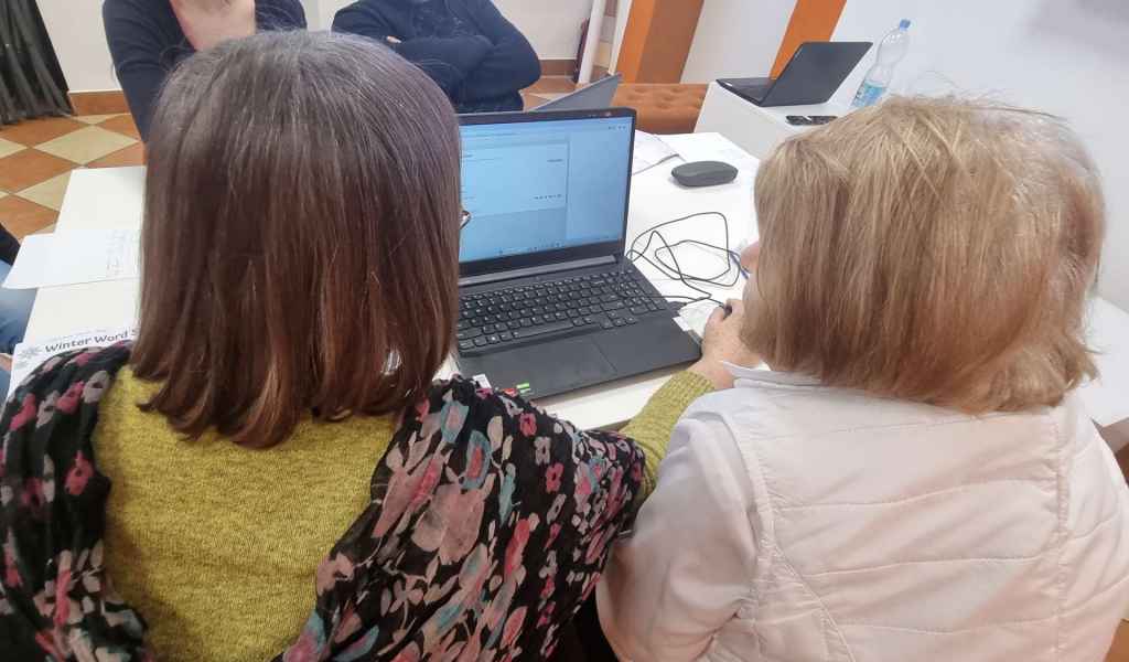 zdjęcie seniorek w trakcie rozwiązywania zadania na laptopie