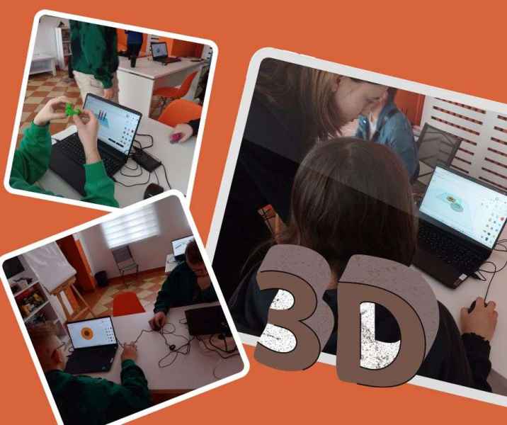 kolaż zdjęć młodzieży podczas projektowania modeli 3D w programie tinkercard, na dole napis 3D
