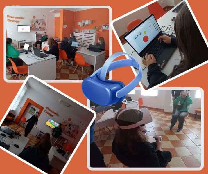 kolaz zdjęć młodzieży podczas oglądania prezentacji, z goglami VR i w trakcie projektowania medali, pośrodku obrazek gogli VR