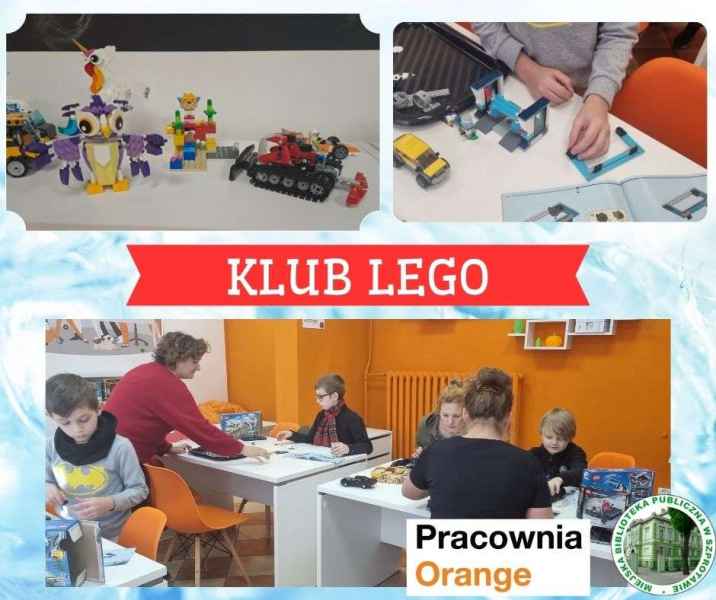 kolaż zdjęć dzieci z rodzicami i bibliotekarką podczas składania modeli z klocków lego, pośrodku napis klub lego, na dole logo biblioteki i pracowni orange