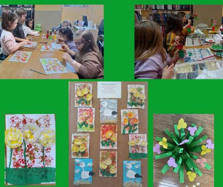 kolaż zdjęć dziewczynek podczas tworzenia prac plastycznych i gotowe prace wiosennych kwiatów z papieru