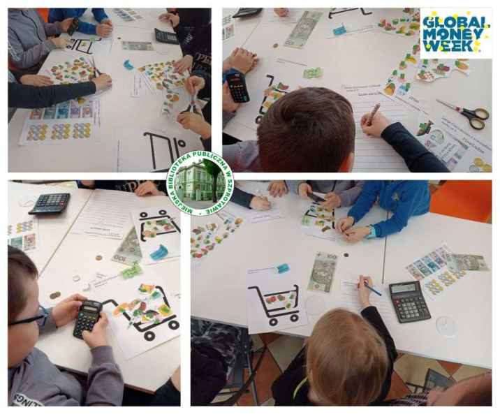 kolaż zdjęć dzieci podczs tworzenia prac plastycznych, na górze logo biblioteki i projektu global money week