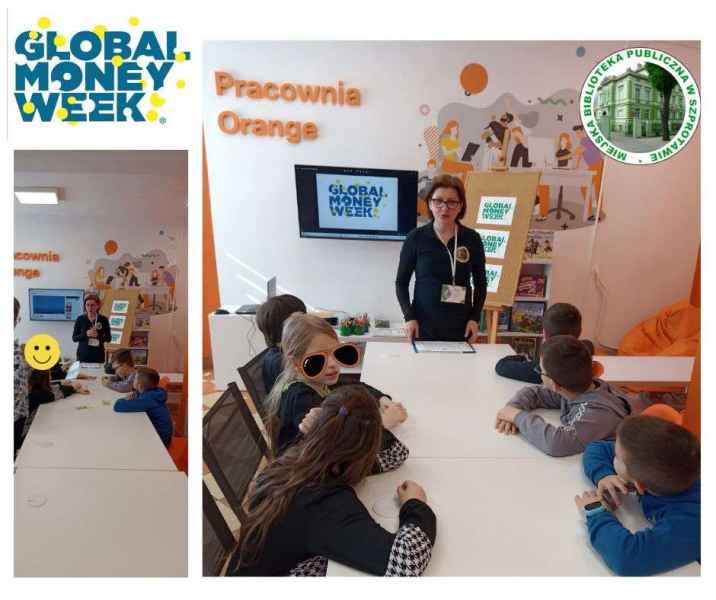 kolaż zdjęć bibliotekarki mówiącej do dzieci o pieniądzach, na górze logo biblioteki i projektu global money week