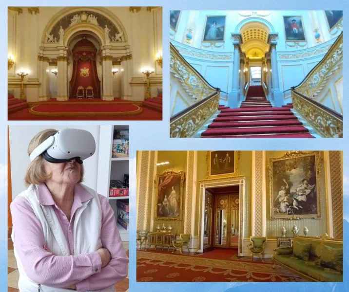 kolaż zdjęć czytelniczki z goglami VR oraz kadrów z wnętrza pałacu Buckingham