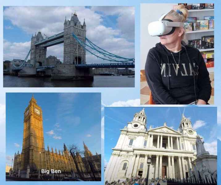 kolaż zdjęć czytelniczki z okularami VR oraz  zdjęć Big Bena, mostu Tower Bridge i katedry św. Pawła