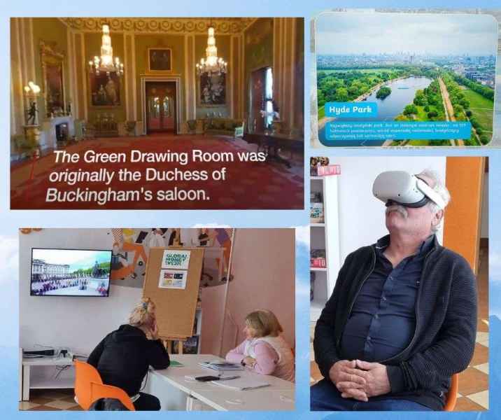 kolaż zdjęć czytelnika w goglach VR, czytelniczek oglądających transmisję filmu oraz wnętrza pałacu Buckingham i parku Hyde