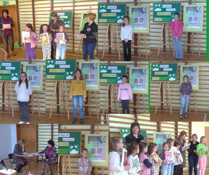 kolaż zdjęć dzieci podczas recytowania poezji oraz nauczycielek i bibliotekarki w trakcie rozdawania nagród