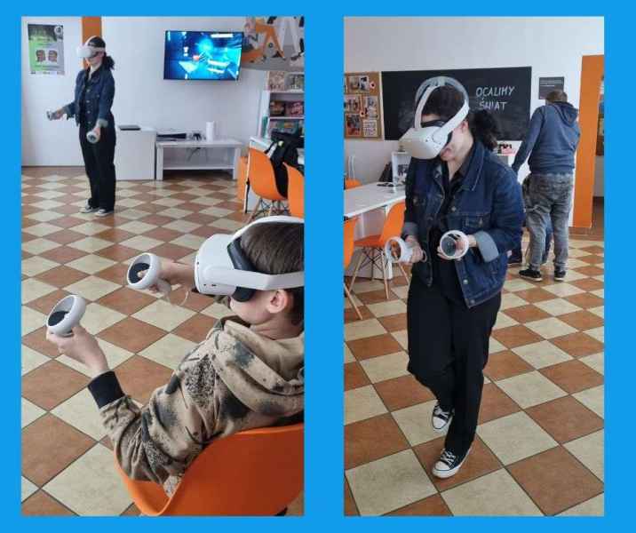 kolaż zdjęć młodzieży podczas gry na goglach VR i bibliotekarza dającego instrukcje