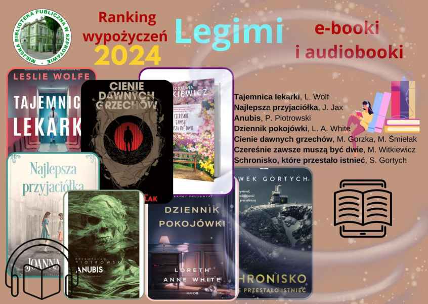 kolaż zdjęć okładek Tajemnica lekarki, Najlepsza przyjaciółka, Anubis itd. na górze napis Legimi e-booki i audioobooki ranking wypożyczeń 2024 po lewej logo bibliotekim po prawej tytuły książek