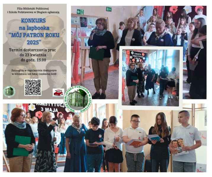 kolaż zdjęć bibliotekarki i nauczycielek z nagrodzonymi uczniami, po lewej plakat ogłaszający konkurs, obok logo biblioteki