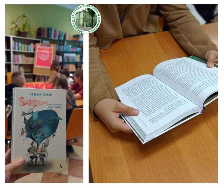 kolaż zdjęć dziecka z książką oraz okładki książki na tle dzieci przy stoliku, na górze logo biblioteki