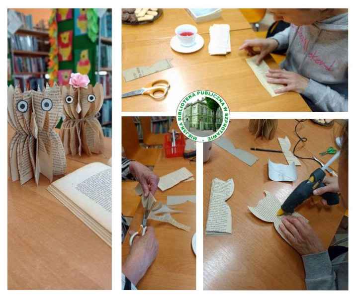 kolaż zdjęć pań podczas klejenia sowy z kartek książek, pośrodku logo biblioteki