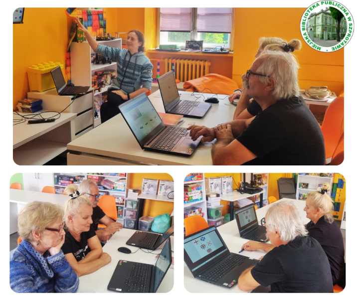 kolaż zdjęć seniorów podczas nauki obsługi programu tinkercad na laptopach przy pomocy bibliotekarki, po prawej logo biblioteki
