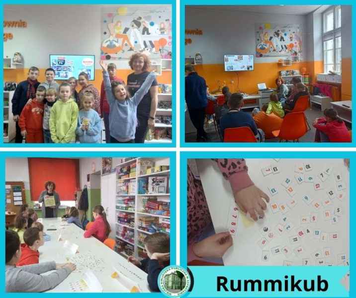 kolaż zdjęć dzieci z trenerem Rummikub i podczas grania w gry, na dole logo biblioteki i napis Rummikub