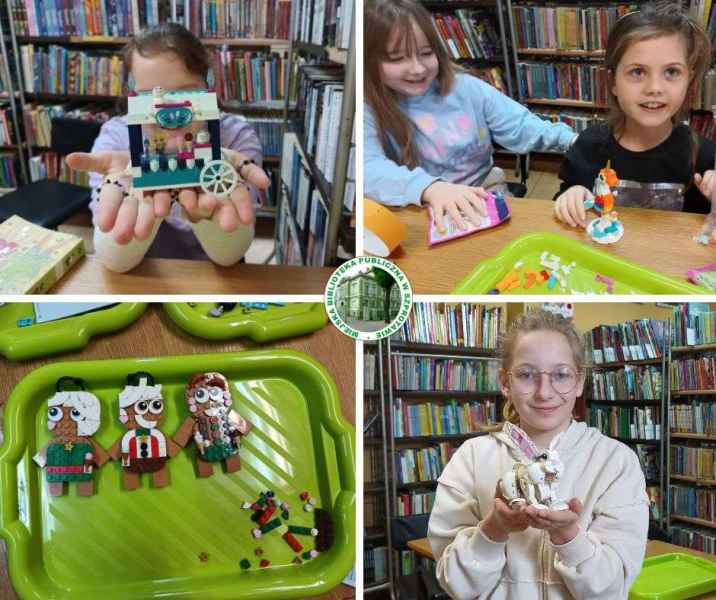 kolaż zdjęć dzieci z ułożonymi modelami z klocków LEGO, pośrodku logo biblioteki