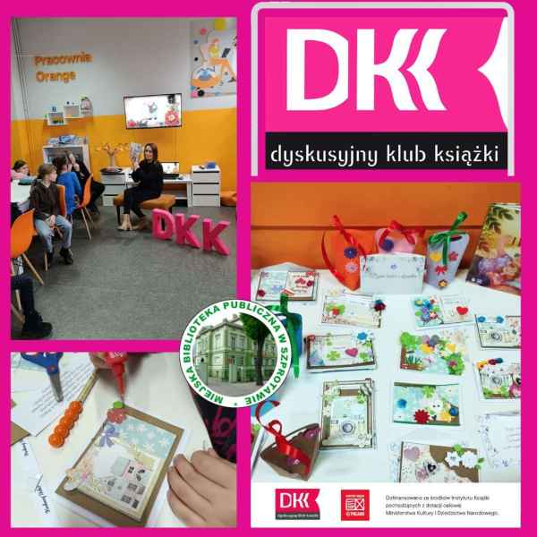 kolaż zdjęć dzieci i bibliotekarki oraz kartek scrapbooking, na dole logo biblioteki, po prawej logo DKK i napis dyskusyjny klub książki