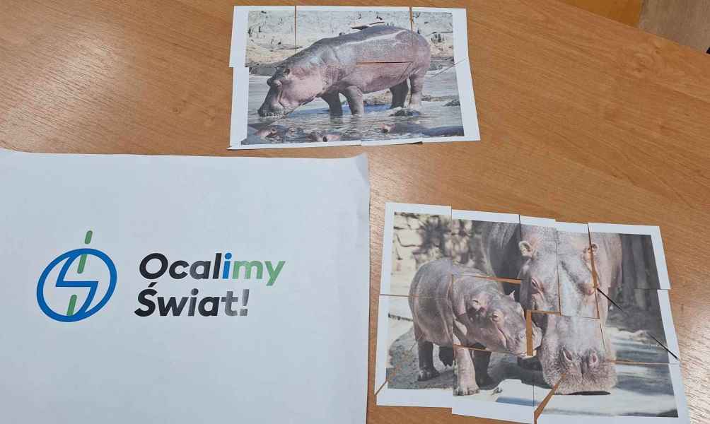 zdjęcie kartki z logo ocalimy świat i ułożonych puzzli z papieru z hipopotamami