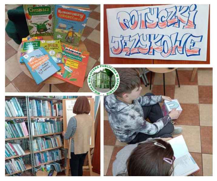 kolaż zdjęć bibliotekarki przy książkach, dzieci z literami alfabetu, stolika z książkami i napisu z papieru "potyczki językowe", pośrodku logo biblioteki