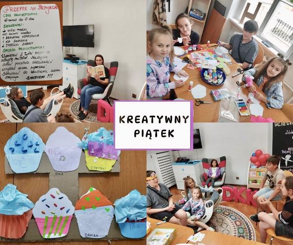 kolaż zdjęć dzieci podczas zajęć bibliotekarki czytającej dzieciom oraz prace plastyczne babeczek pośrodku napis kreatywny piątek