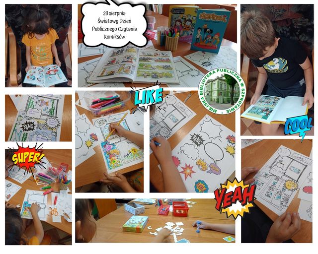 kolaż zdjęć dzieciczytających oraz tworzących własne komiksy pośród nich logo biblioteki oraz napis 28 sierpnia światowy dzień publicznego czytania komiksów