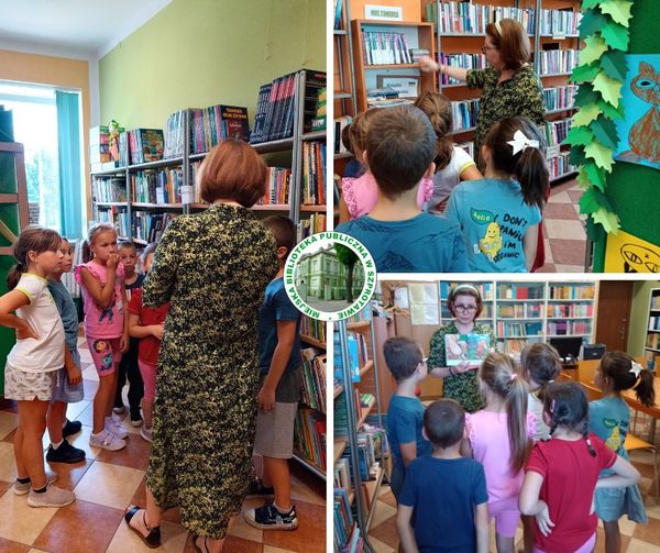 kolaż zdjęć dzieci i bibliotekarki pokazującej dzieciom książki pośrodku logo biblioteki