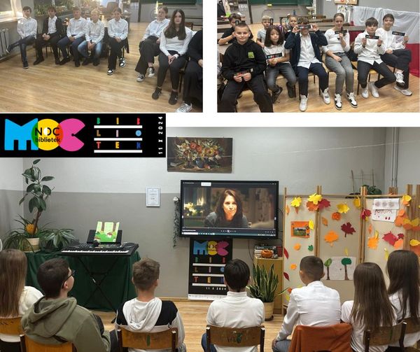 kolaż zdjęć młodzieży podczas oglądania filmu na ekranie telewizora po lewej logo nocy bibliotek