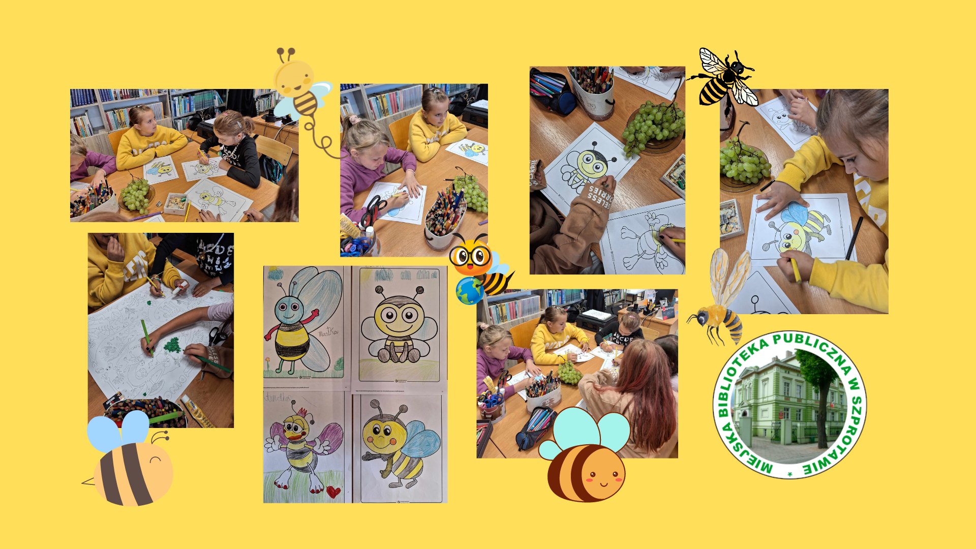 kolaż zdjęć dzieci kolorujących rysunki pszczół zdjęcie pokolorowanych obrazków oraz logo biblioteki i grafiki pszczół