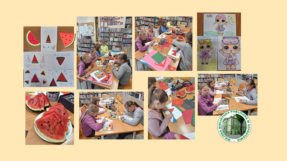 kolaż dzieci kolorujących obrazki, wykonujących prace plastyczne arbuza i zdjęcie talerza z kawałkami arbuza oraz logo biblioteki