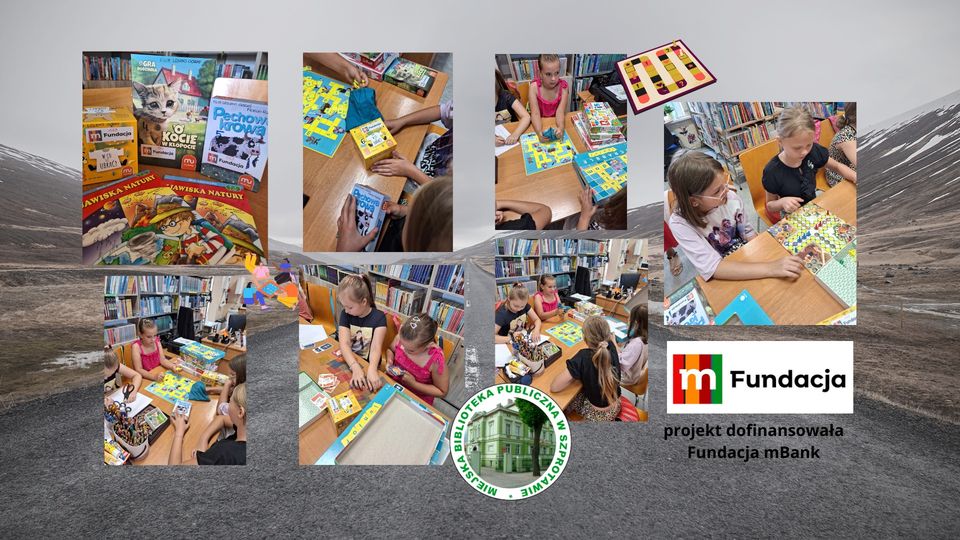 kolaż zdjęć dzieci grających w gry planszowe pod spodem logo biblioteki fundacji mbanku i podpis Projekt dofinansowała fundacja mbank