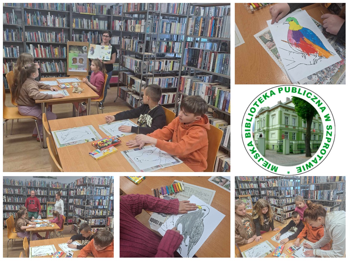 kolaż zdjęć bibliotekarki wychowawczyni i pasjonata gołębi oraz dzieci podczas kolorowania rysunków gołębi po lewej stronie logo biblioteki