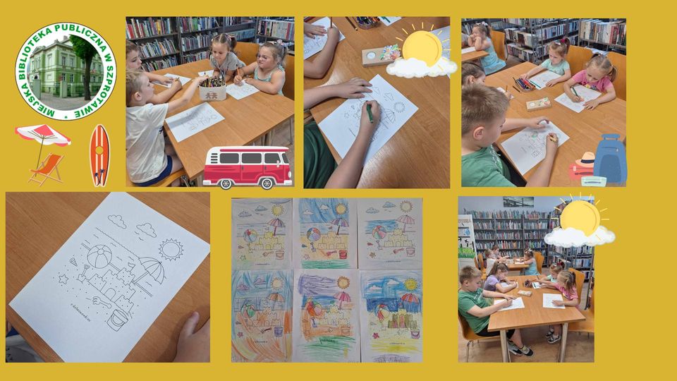kolaż zdjęć dzieci podczas kolorowania obrazków wakacyjnych oraz zdjęcie gotowych prac plastycznych po lewej logo biblioteki