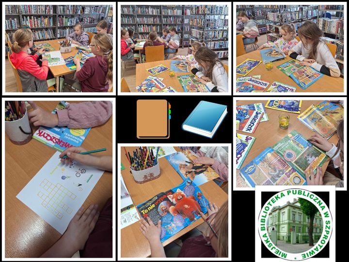 kolaż zdjęć dzieci podczas przeglądania prasy w bibliotece pośrokdu grafika książek na dole logo biblioteki
