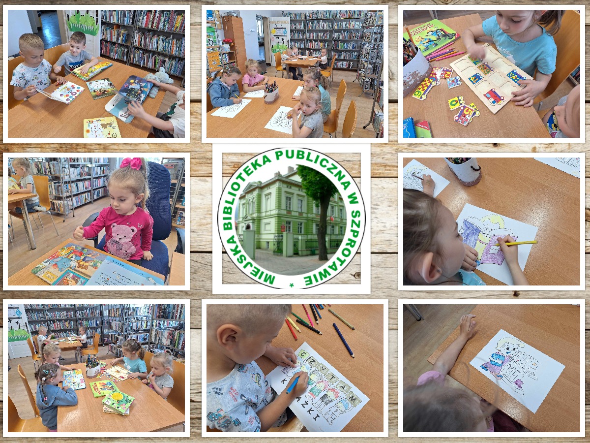 kolaż zdjęć dzieci przy stolikach podczas oglądania książek gier oraz w trakcie kolorowania obrazków pośrodku logo biblioteki