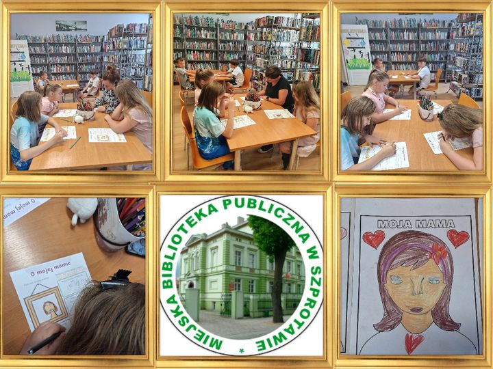 kolaż zdjęć dzieci wychowawczyni oraz bibliotekarki podczas rysowania portretów mam i gotowych rysunków na dole logo biblioteki