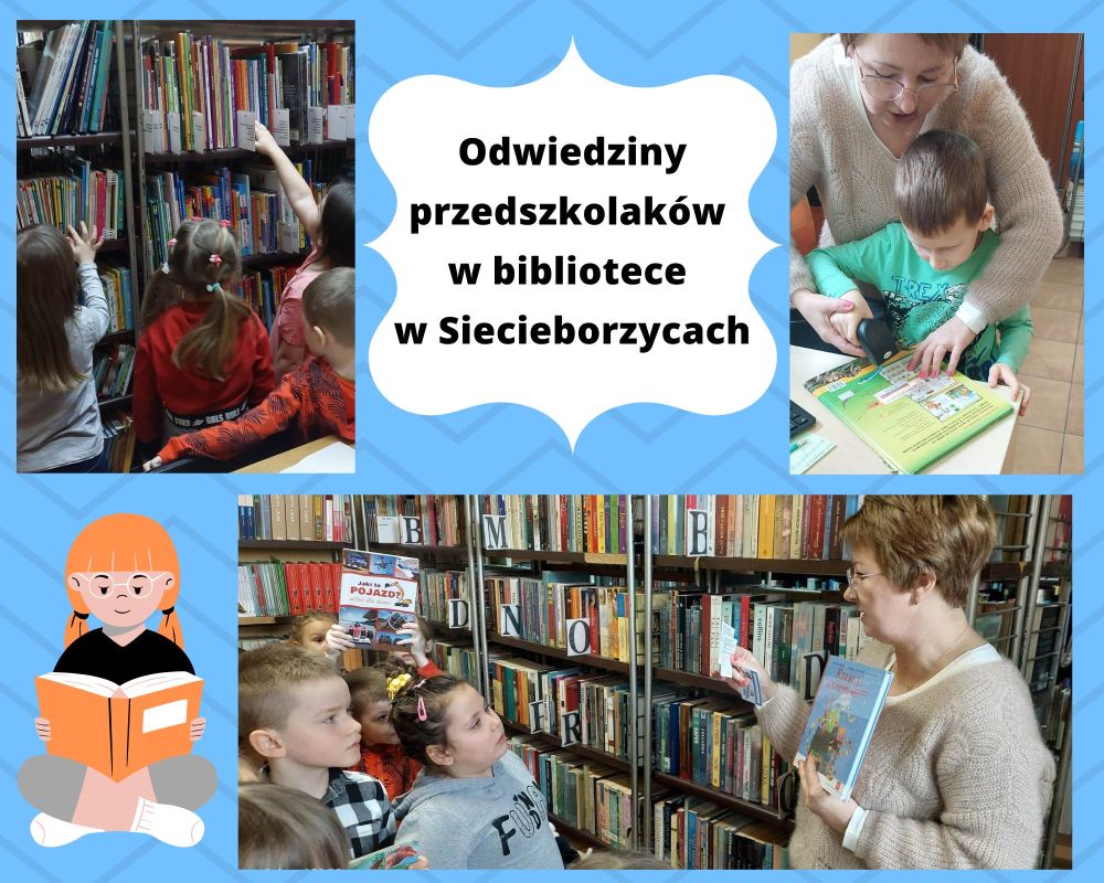 kolaż zdjęć przedszkolaków i bibliotekarza