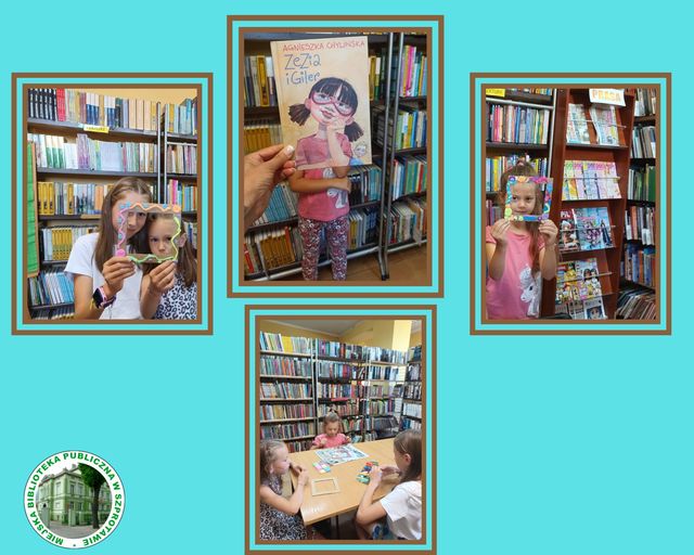 kolaż zdjęć dzieci z kolorowymi ramkami z książką oraz w trakcie tworzenia kolorowych ramek pod spodem logo biblioteki