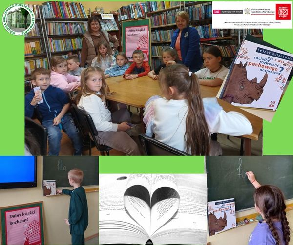 kolaż zdjęć dzieci przy stoliku z wychowawczynią i bibliotekarką oraz książką po lewej stronie logo biblioteki po prawej belka logotypowa patronów
