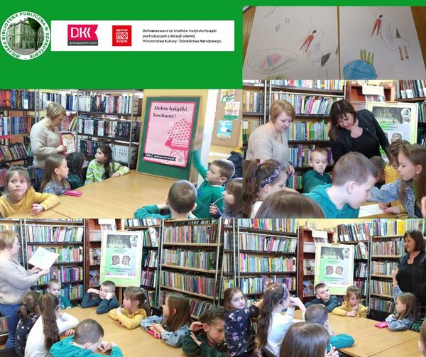 kolaż zdjęc bibliotekarki wychowawczyni oraz dzieci podczas spotkania DKK na górze belka logotypowa projektu i biblioteki