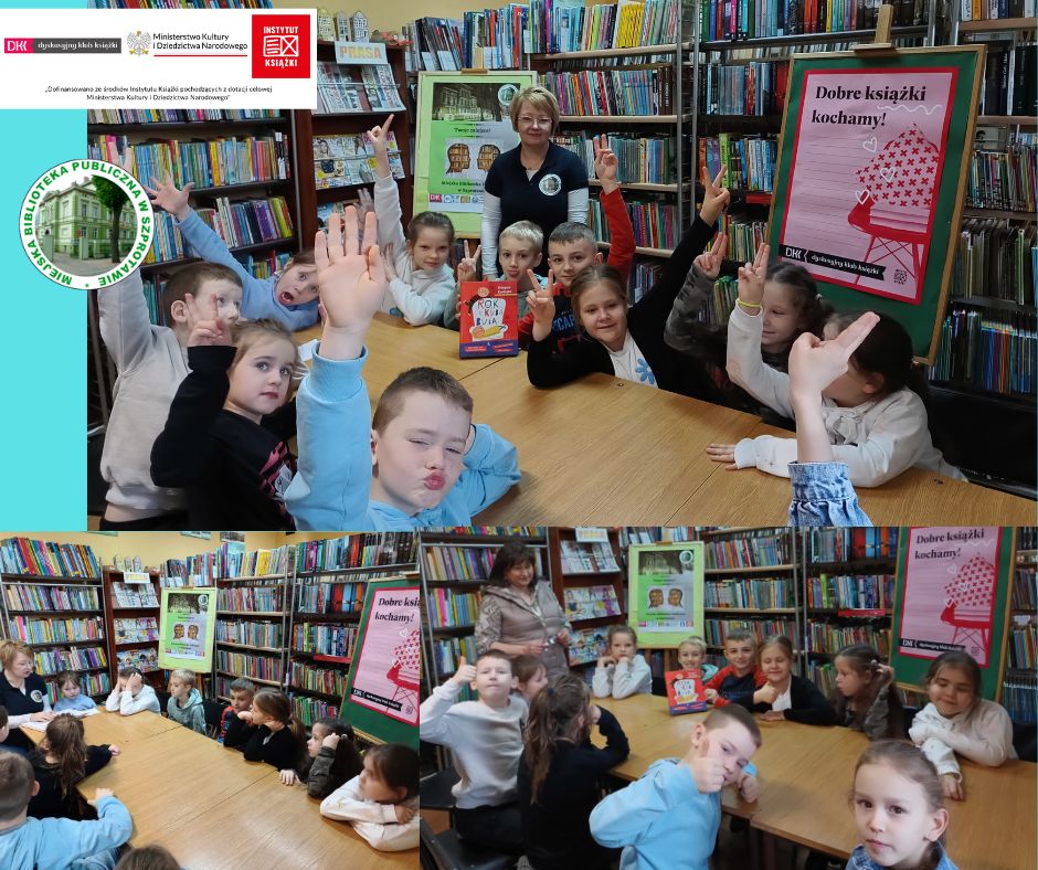 kolaż zdjęć bibliotekarki i wychowawczynią z dziećmi w bibliotece