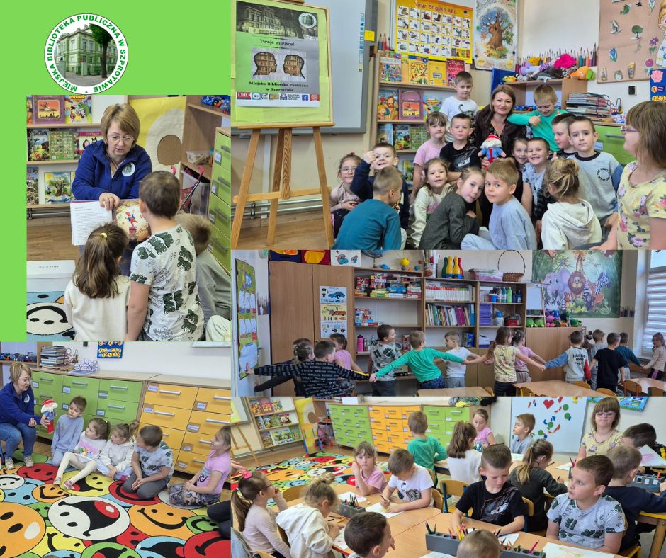 kolaż zdjęć bibliotekarki i dzieci podczas zabaw oglądania książek oraz podczas zdjęcia grupowego z wychowawczynią, na górze po lewej logo biblioteki